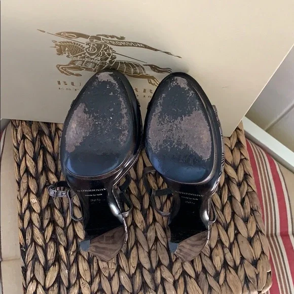 Burberry Leather T-Strap Stilettos in Dark Nickel